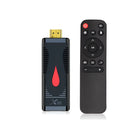 Smart TV set-top box dongle with remote, cable, and EU/UK/US power adapters on a white background.