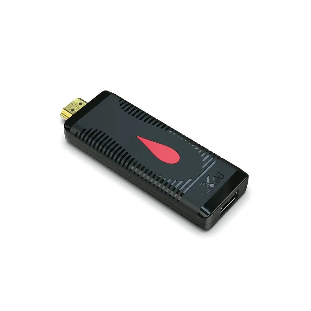 Smart TV set-top box dongle with remote, cable, and EU/UK/US power adapters on a white background.