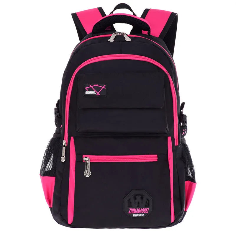 Waterproof nylon school backpack in multiple colours with dimensions 46x30x18 cm showing compartment layout
