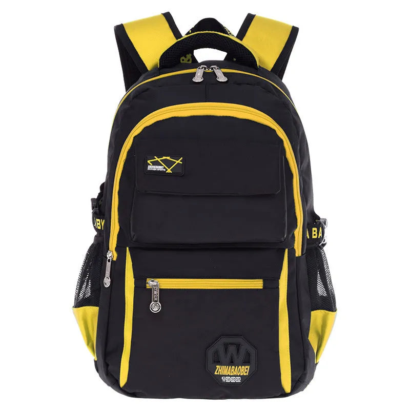 Waterproof nylon school backpack in multiple colours with dimensions 46x30x18 cm showing compartment layout
