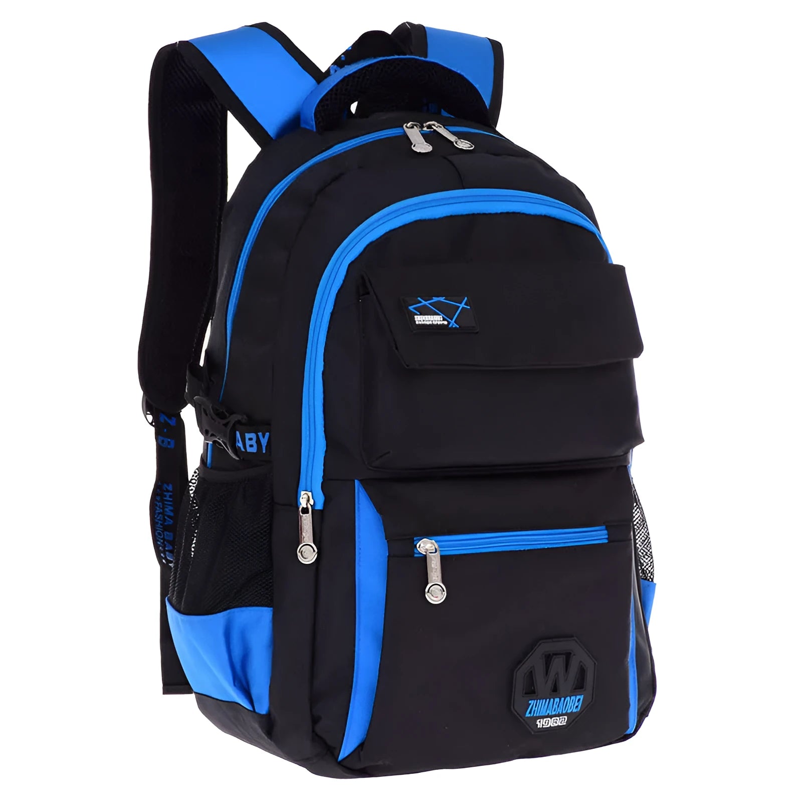 Green waterproof nylon school backpack for primary students with multiple compartments.