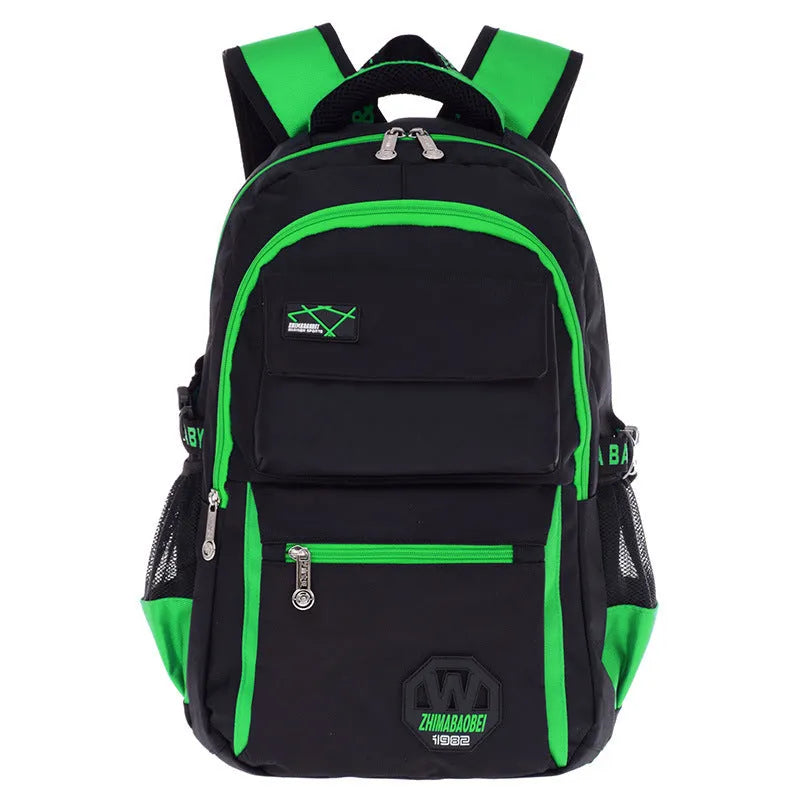Waterproof nylon school backpack in multiple colours with dimensions 46x30x18 cm showing compartment layout