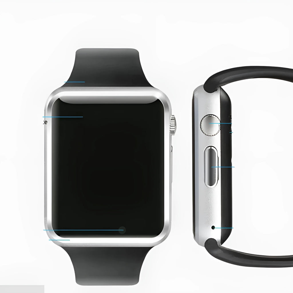 A1 Smart Watch in multiple colours on wrist showing 1.54-inch touch screen and camera.