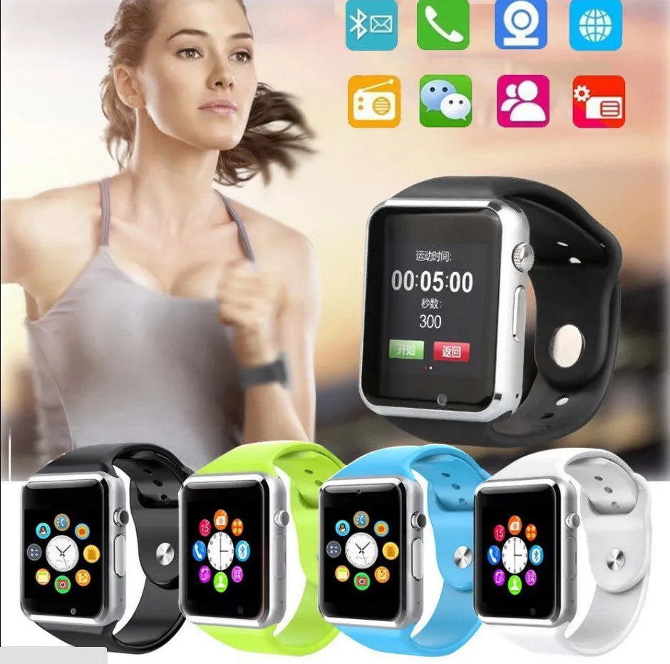 A1 Smart Watch in multiple colours on wrist showing 1.54-inch touch screen and camera.