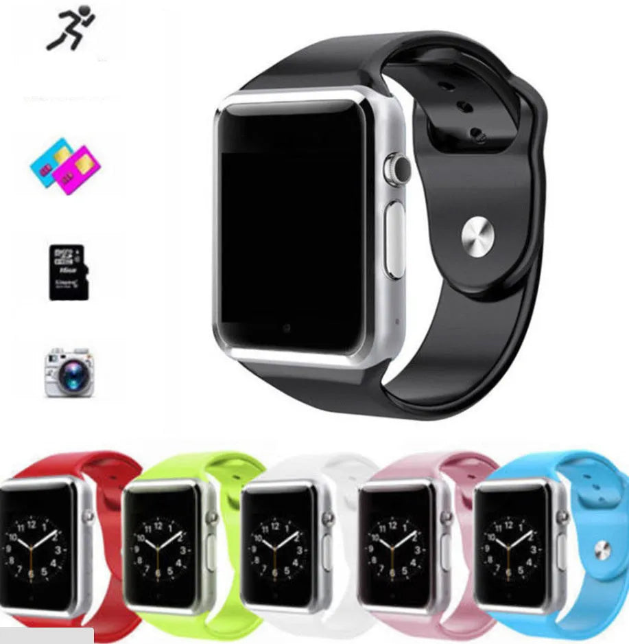 A1 Smart Watch in multiple colours on wrist showing 1.54-inch touch screen and camera.