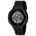 Men's black digital waterproof sports watch with LED backlight on a wrist.