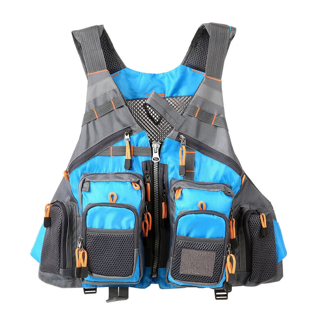 Grey fishing life jacket with multiple pockets and reflective strips showing removable foam buoyancy inserts