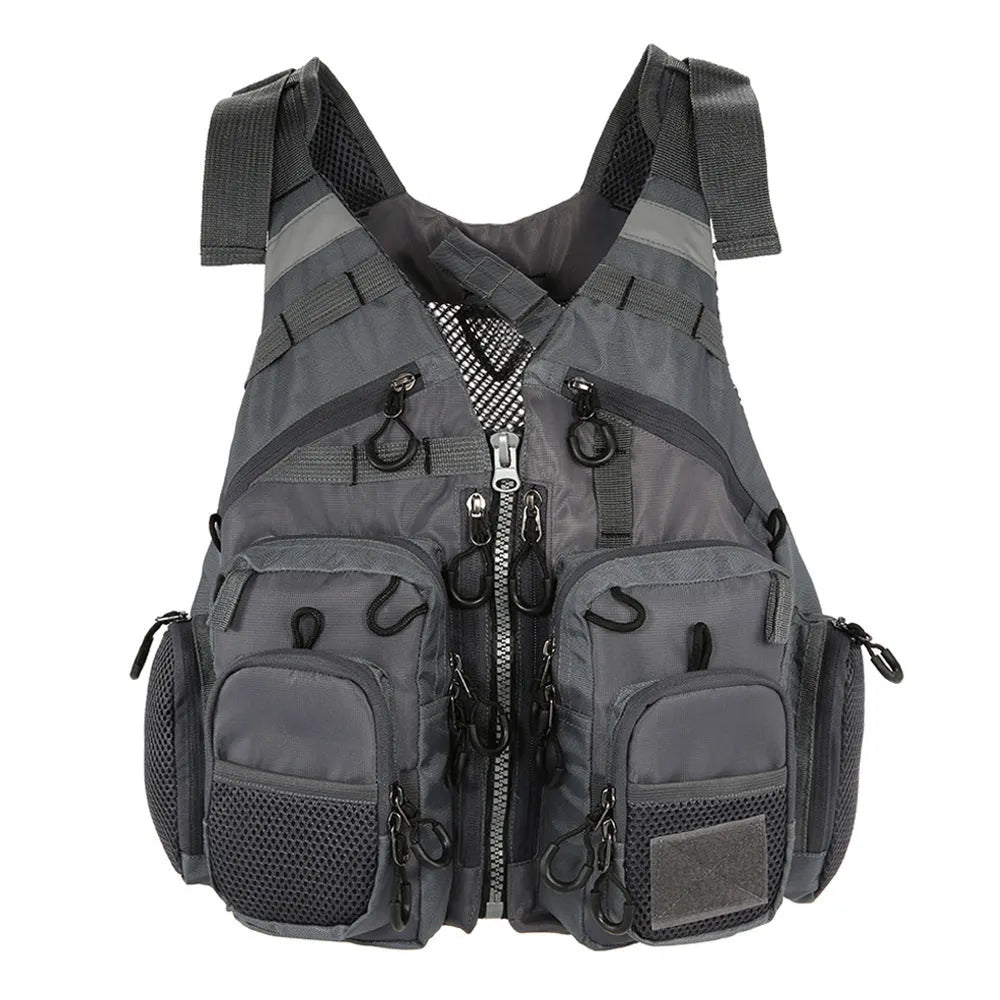 Grey fishing life jacket with multiple pockets and reflective strips showing removable foam buoyancy inserts