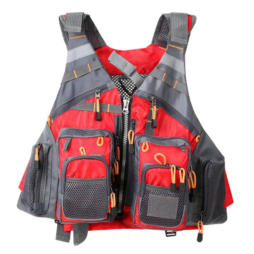 Grey fishing life jacket with multiple pockets and reflective strips showing removable foam buoyancy inserts