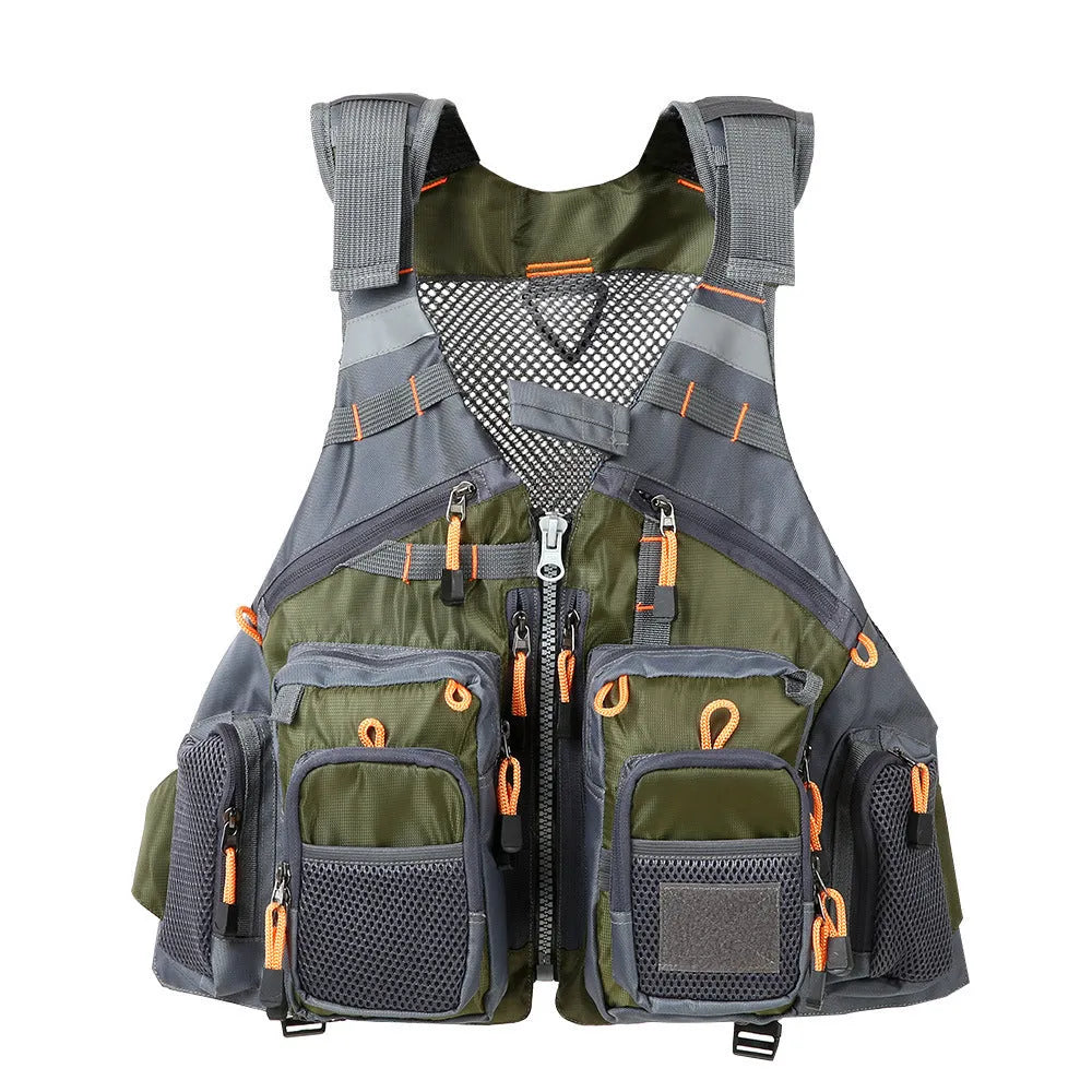 Grey fishing life jacket with multiple pockets and reflective strips showing removable foam buoyancy inserts
