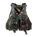 Grey fishing life jacket with multiple pockets and reflective strips showing removable foam buoyancy inserts