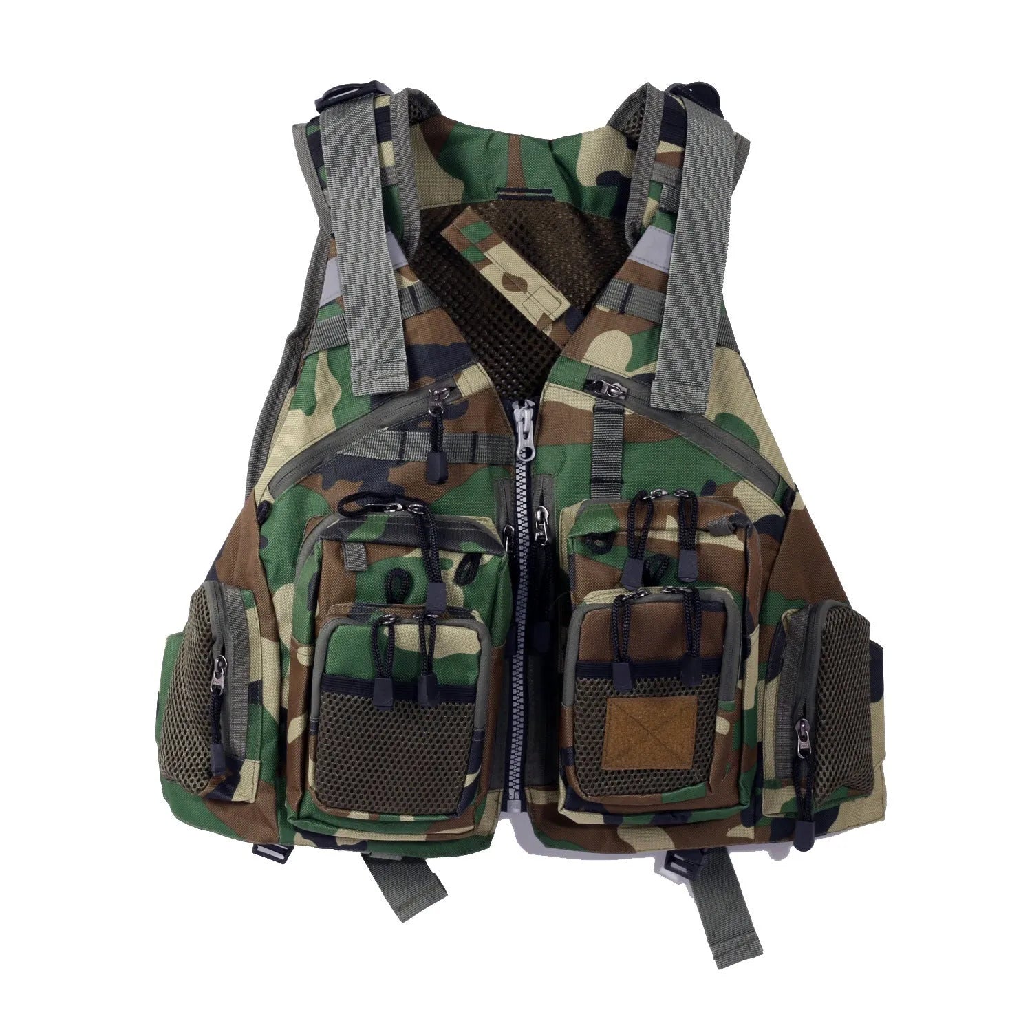 Grey fishing life jacket with multiple pockets and reflective strips showing removable foam buoyancy inserts