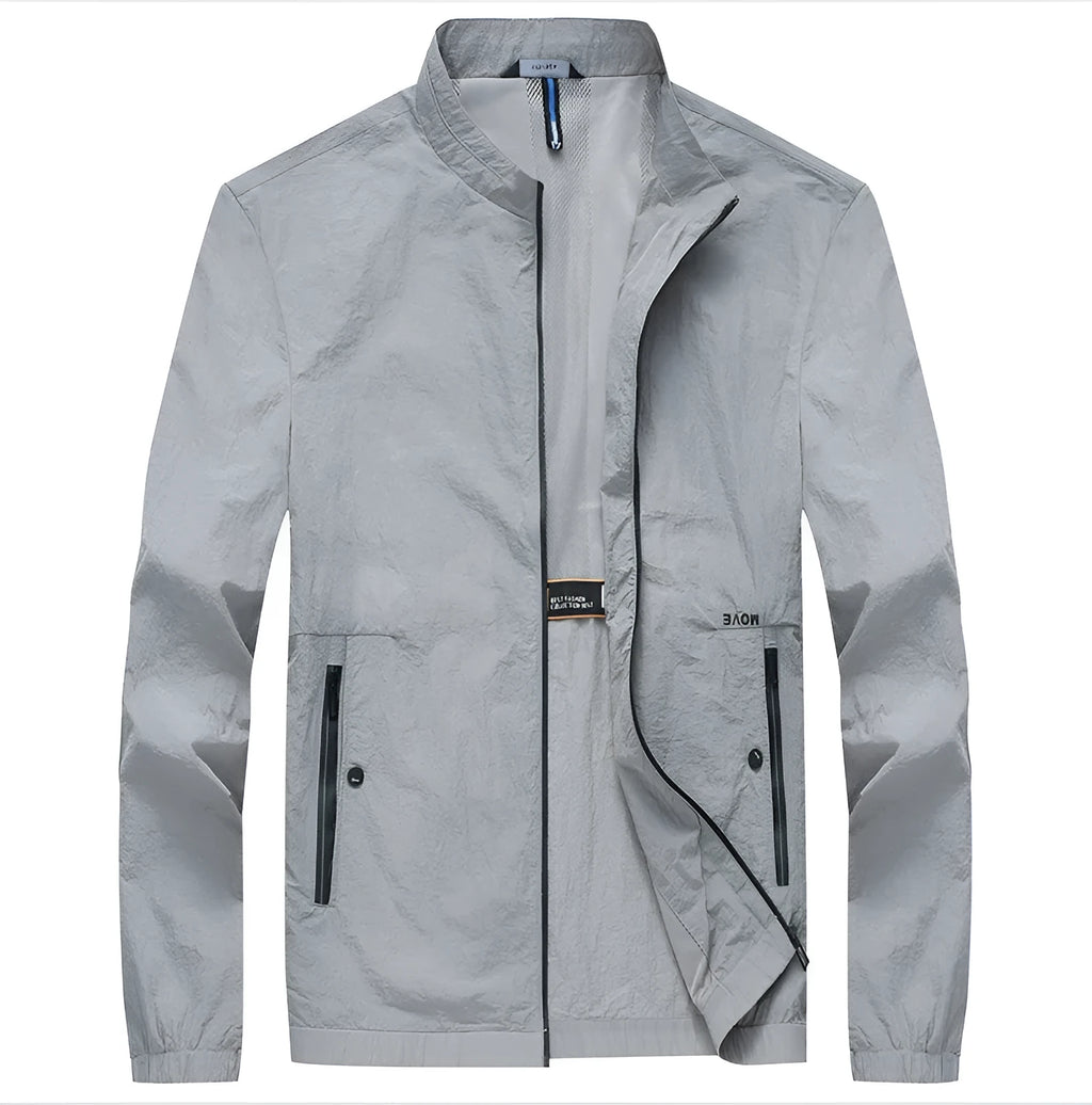 Men's lightweight polyester sunscreen top in blue, grey, or navy colours with fashion city style