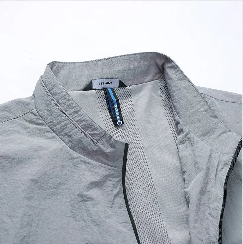 Men's lightweight polyester sunscreen top in blue, grey, or navy colours with fashion city style