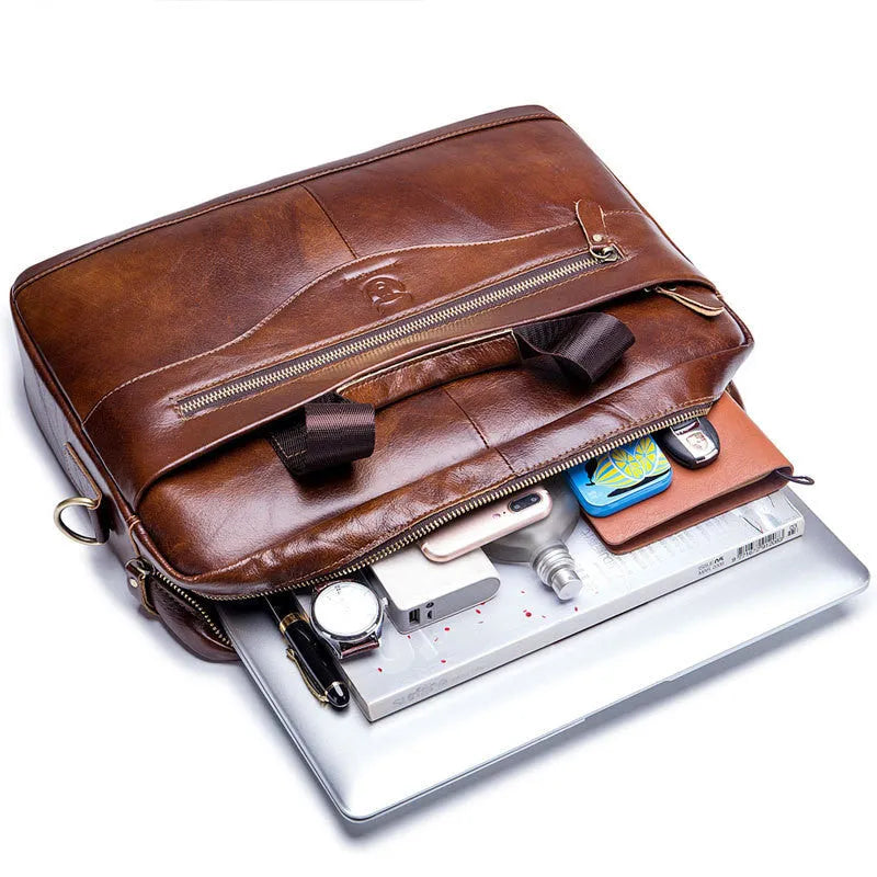 Captain Cattle top-layer cowhide leather horizontal square laptop briefcase in brown