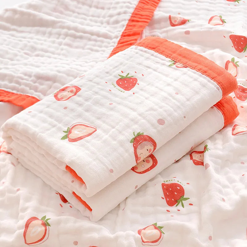 Newborn baby bath towel in pure cotton gauze, 110x110cm, six-layer construction, printed design, available in multiple colours