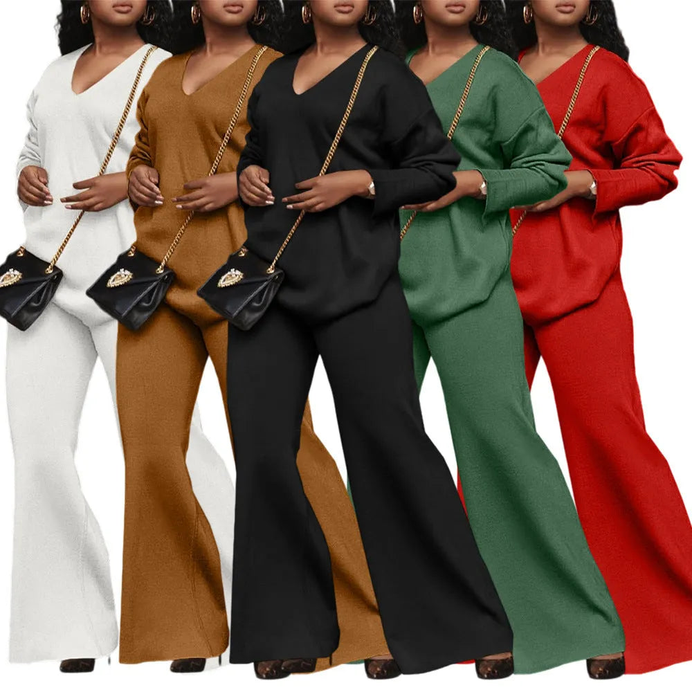 Women's brown thickened suede two-piece suit with split sleeves and trousers in casual style.