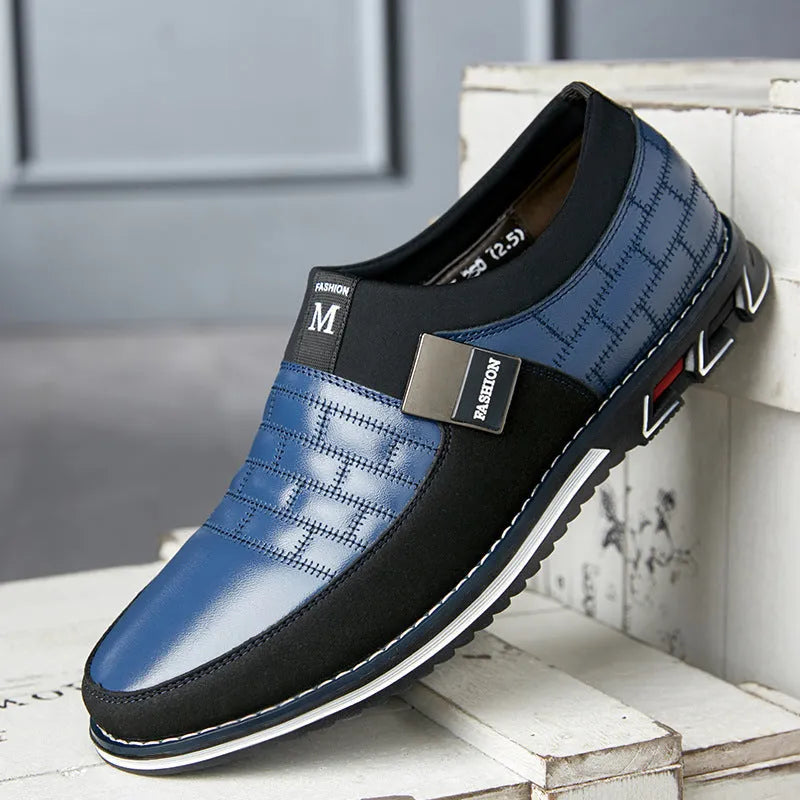 Men's black leather casual low-top shoes shown in sizes 38 to 48.