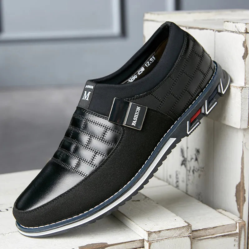 Men's black leather casual low-top shoes shown in sizes 38 to 48.