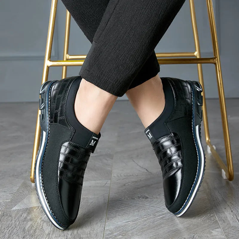 Men's black leather casual low-top shoes shown in sizes 38 to 48.
