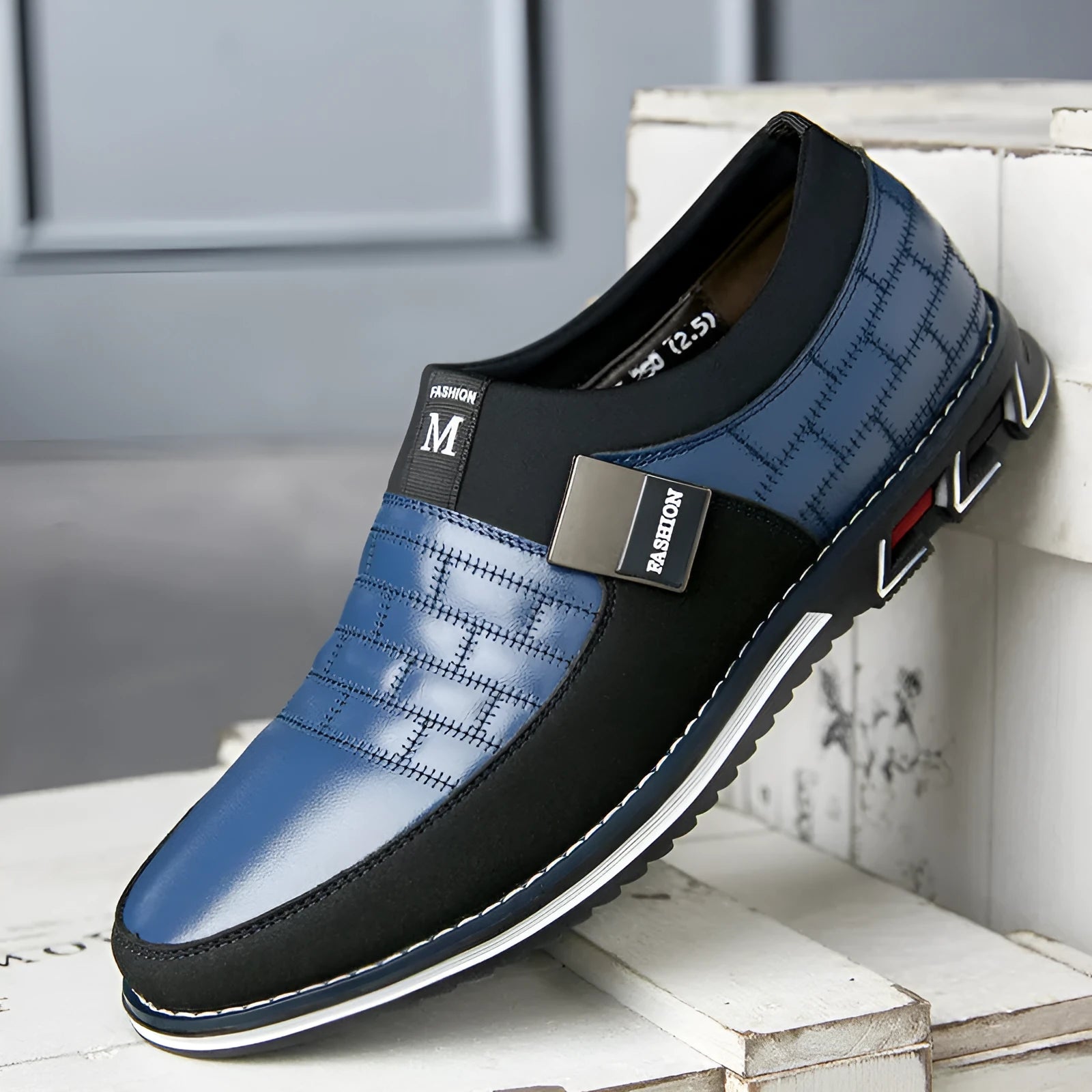 Men's casual leather shoes in blue, black, brown and white colours showing low-top design