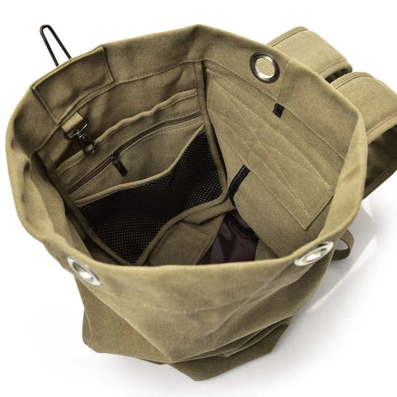 Canvas outdoor climbing backpack in khaki large size with double shoulder straps and car-suture detailing