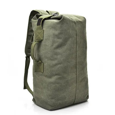Canvas outdoor climbing backpack in khaki large size with double shoulder straps and car-suture detailing