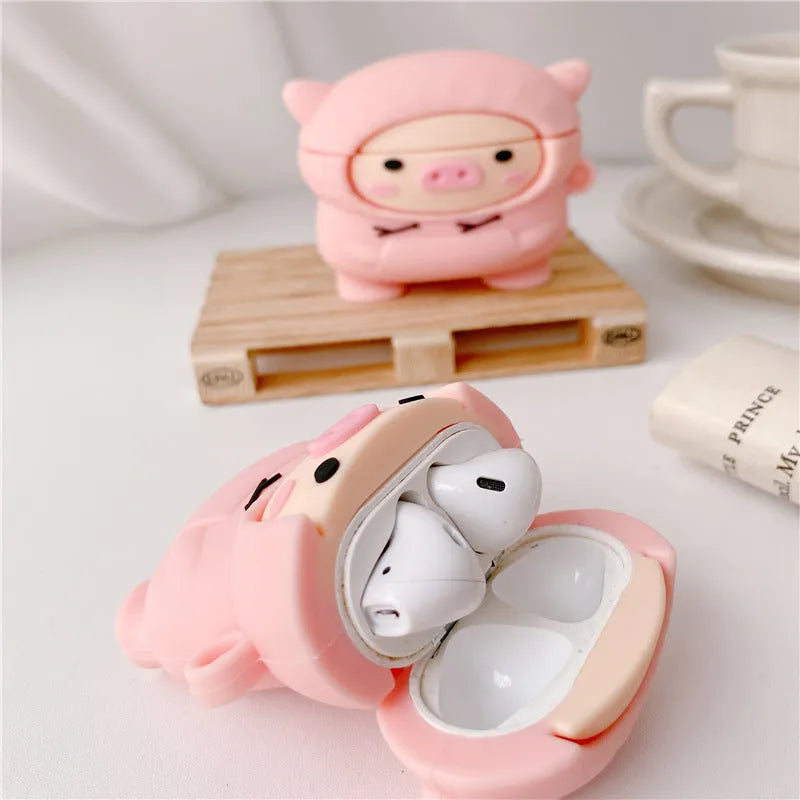 Silicone cartoon pig earphone case with hook for Apple AirPods 1, 2, and Pro 3 in pink