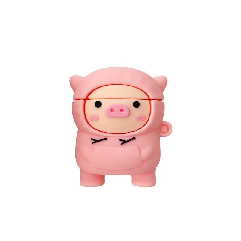 Silicone cartoon pig earphone case with hook for Apple AirPods 1, 2, and Pro 3 in pink