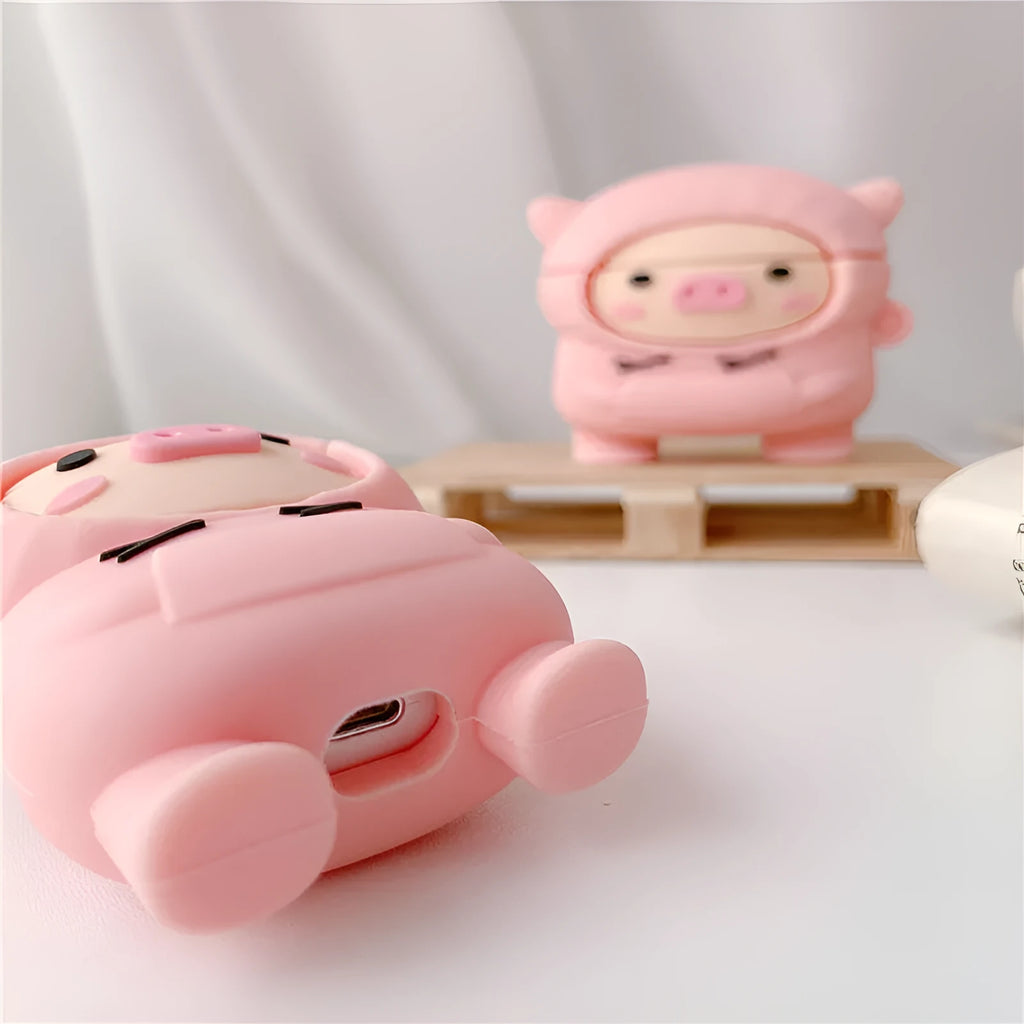 Silicone cartoon pig earphone case with hook for Apple AirPods 1, 2, and Pro 3 in pink