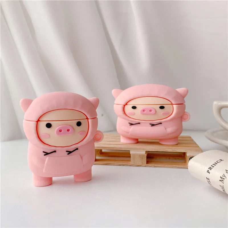 Silicone cartoon pig earphone case with hook for Apple AirPods 1, 2, and Pro 3 in pink