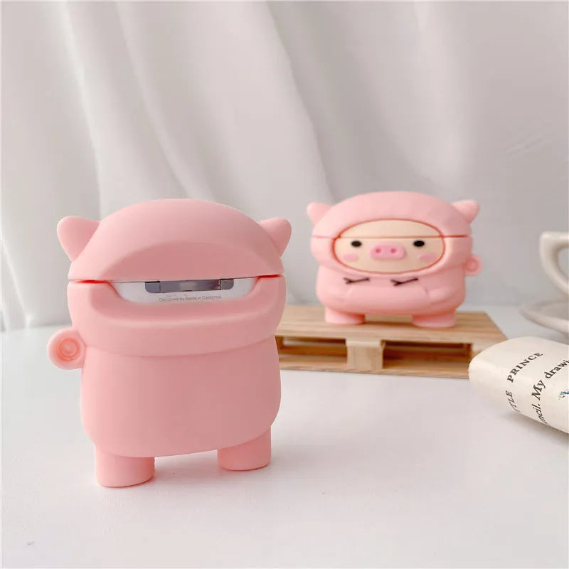 Silicone cartoon pig earphone case with hook for Apple AirPods 1, 2, and Pro 3 in pink
