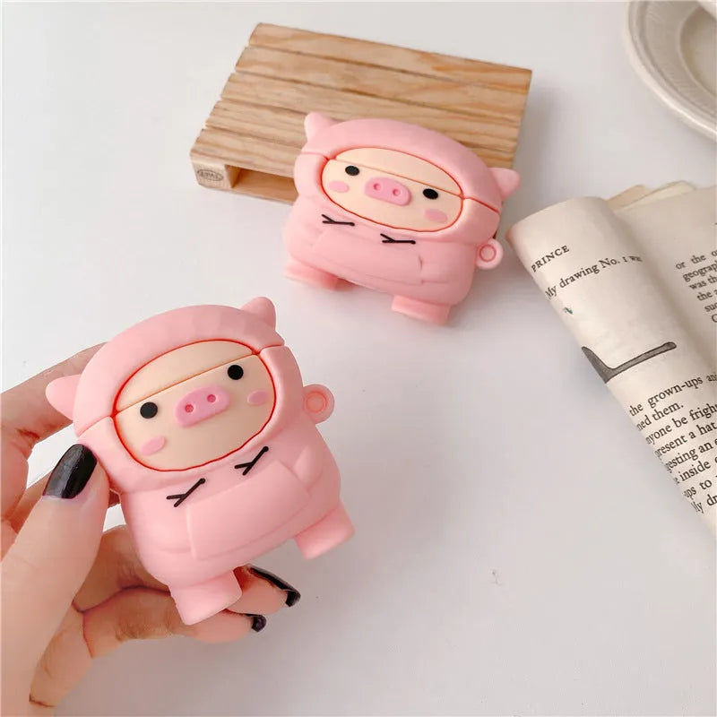 Silicone cartoon pig earphone case with hook for Apple AirPods 1, 2, and Pro 3 in pink