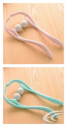 Blue plastic handheld neck and shoulder massager with adjustable stand and removable soft head on a white background.