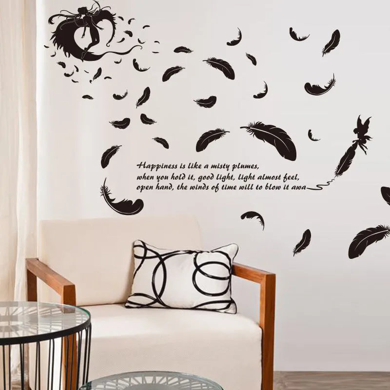 Black feather angel three generations removable wall sticker measuring 50x70cm