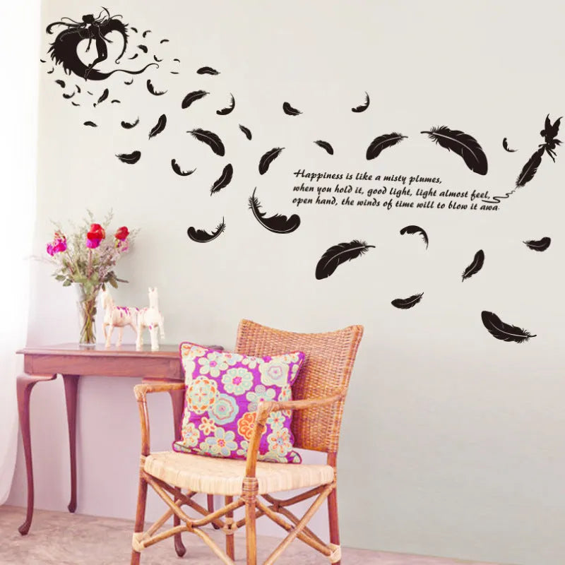Black feather angel three generations removable wall sticker measuring 50x70cm