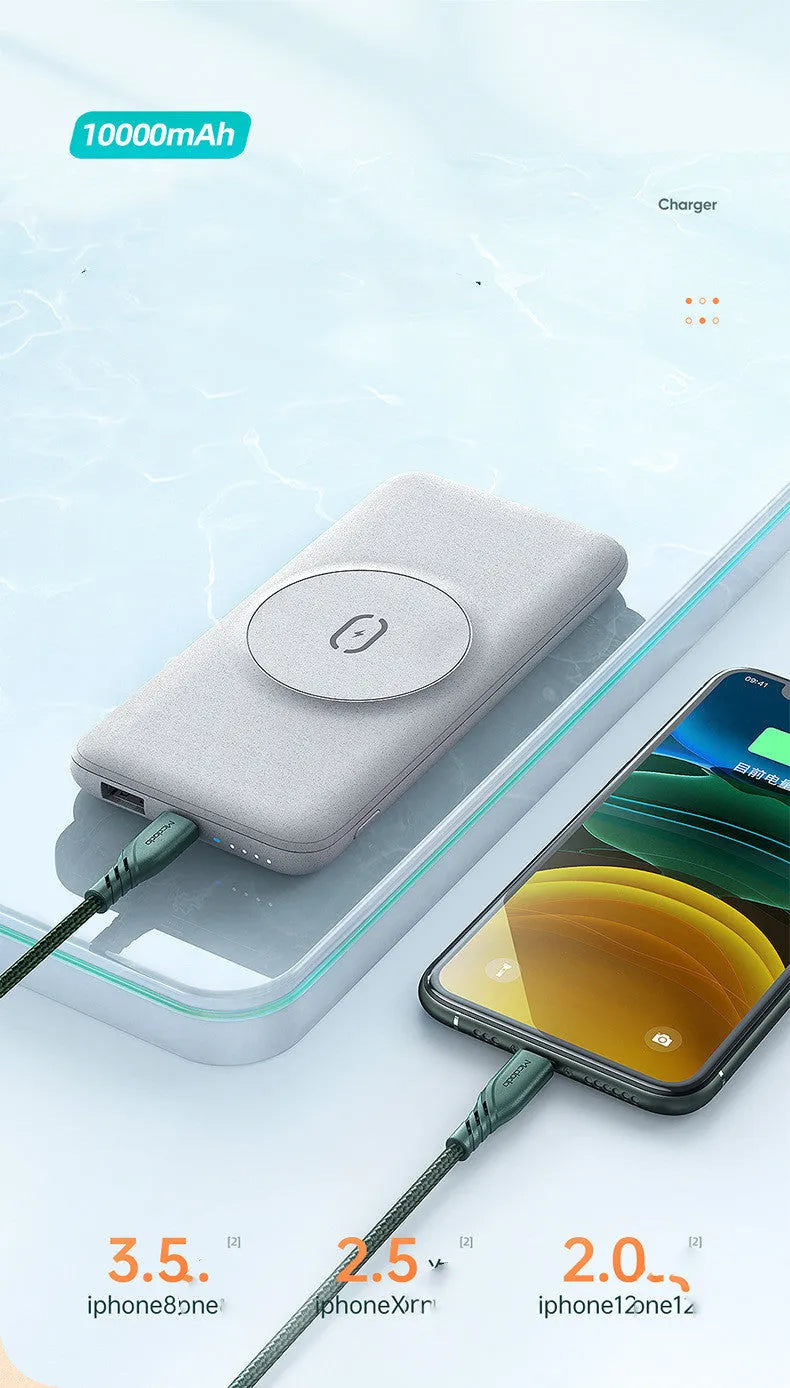 Maiduo mint green magnetic wireless power bank clipped to a bag, showing slim profile and MagSafe attachment to an iPhone.