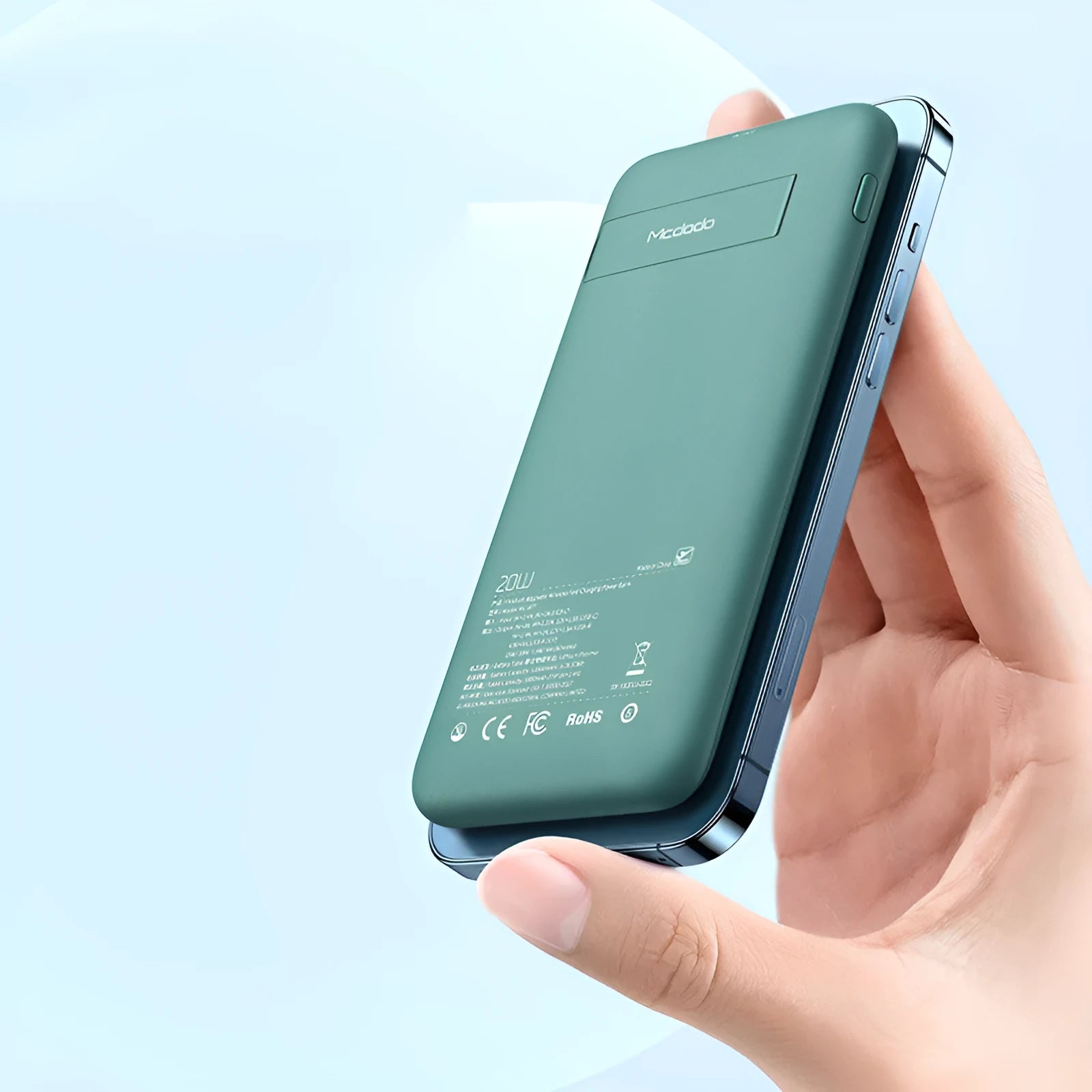 Maiduo Magsafe magnetic wireless power bank in mint green colour showing clip and dimensions