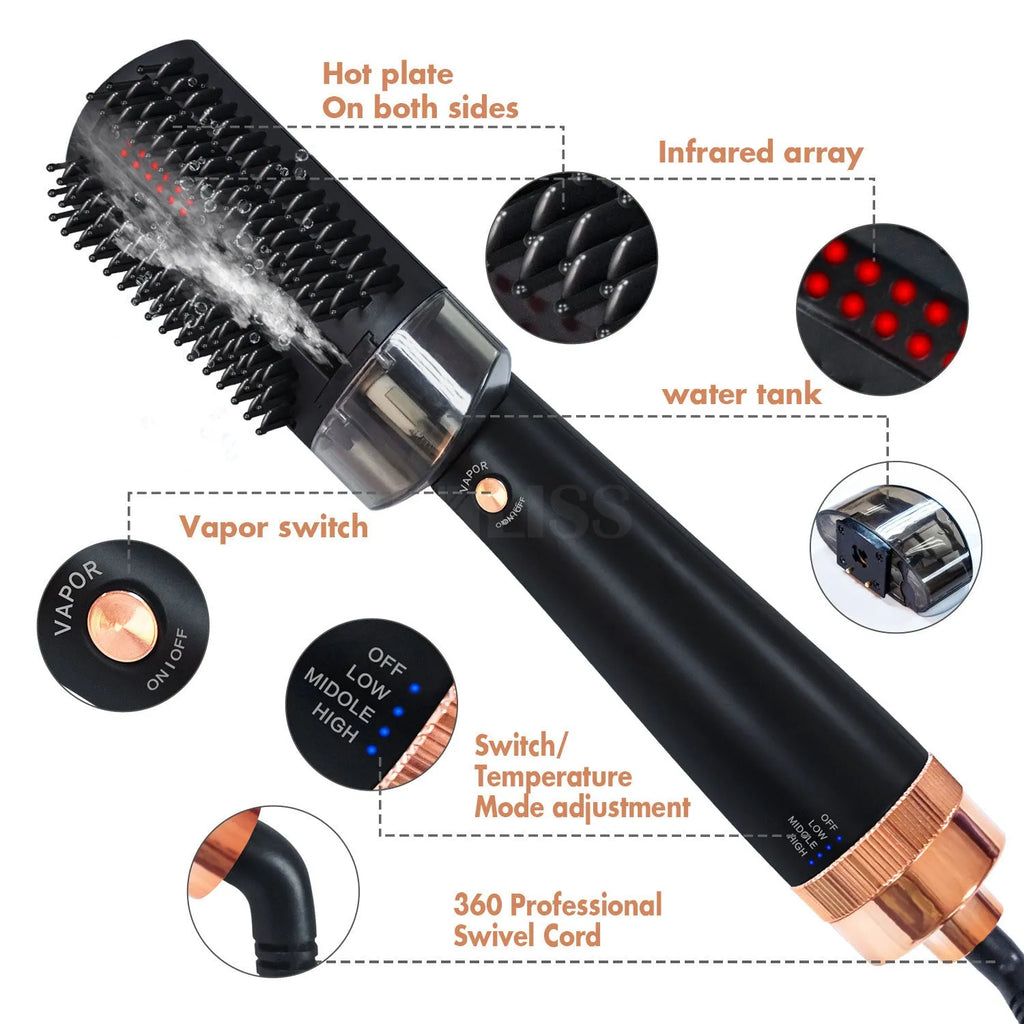 Black and pink hair styling comb with anion spray and infrared hot air technology for wet and dry hair