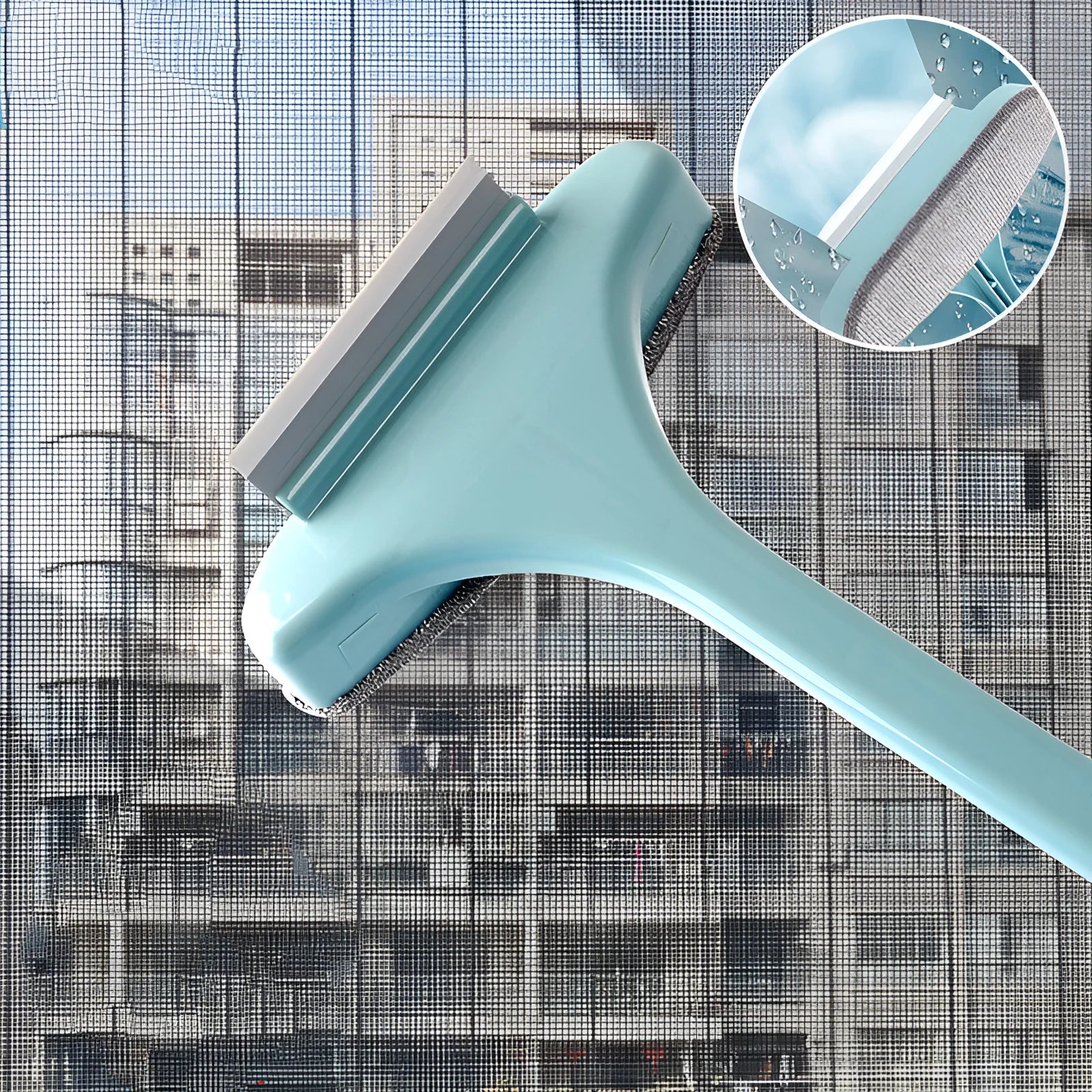 Screen window cleaning tool with microfibre brush head and crevice brush attachment