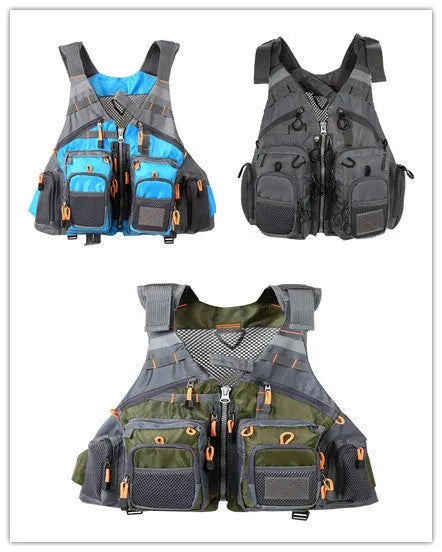 Grey fishing life jacket with multiple pockets and reflective strips showing removable foam buoyancy inserts