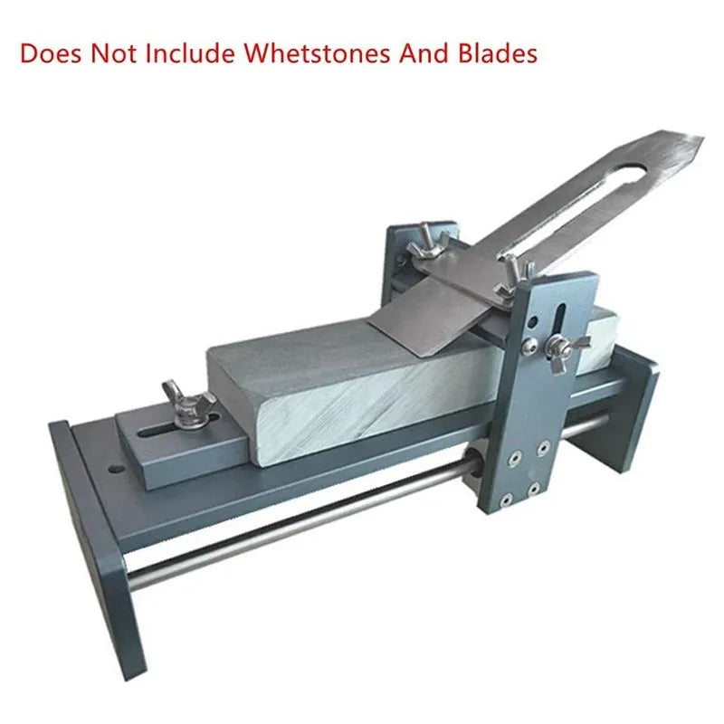 Fixed angle sharpening tool for woodworking chisels and carving knives on a workbench.