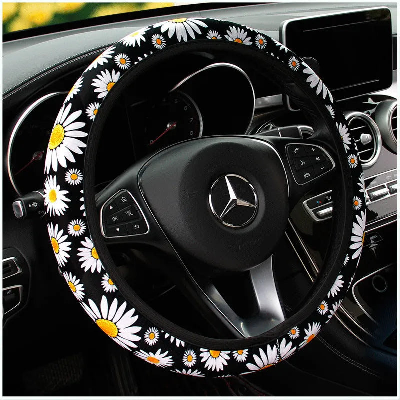 Black daisy linen steering wheel cover for 38cm wheel, without inner ring, universal car accessory