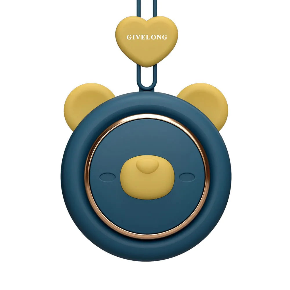 Mini bladeless neck band fan with hanging rope shown in blue, featuring USB charging port and speed button.