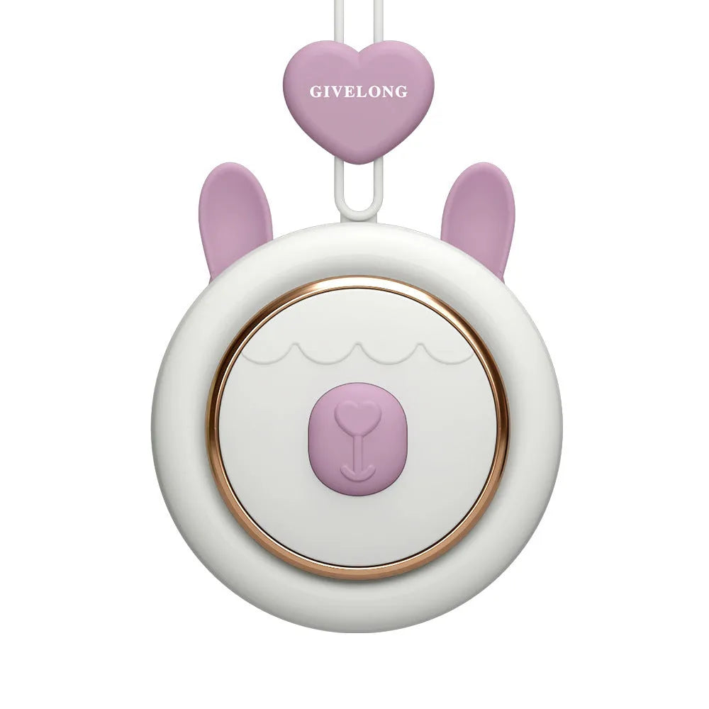 Mini bladeless neck band fan with hanging rope shown in blue, featuring USB charging port and speed button.