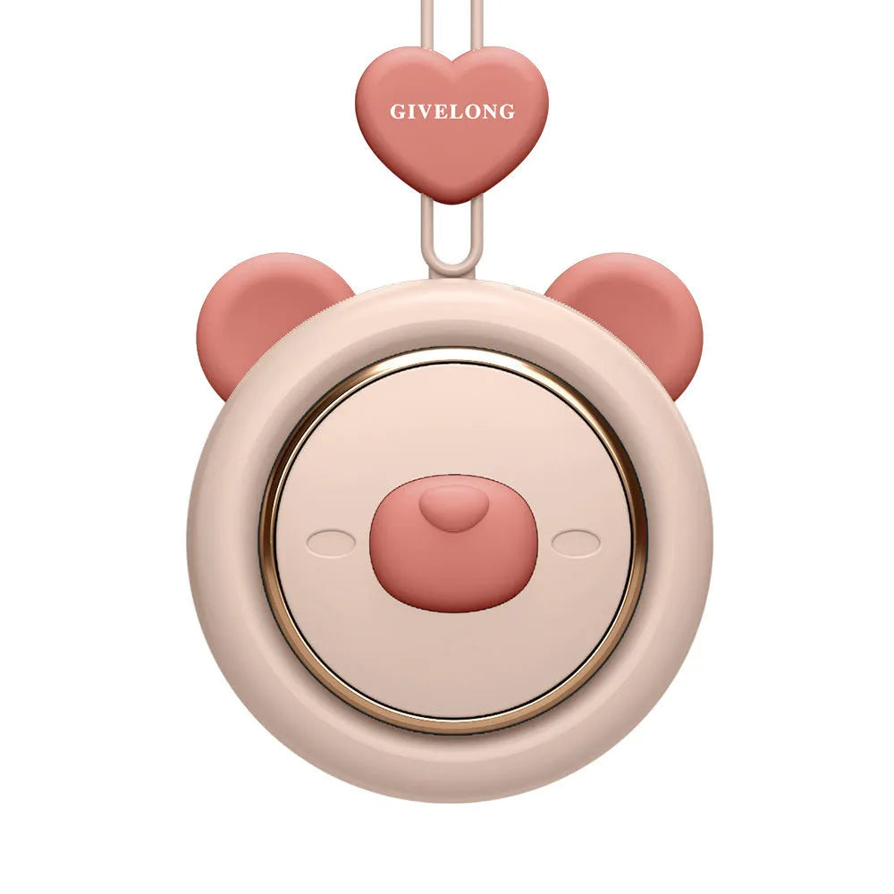 Mini bladeless neck band fan with hanging rope shown in blue, featuring USB charging port and speed button.