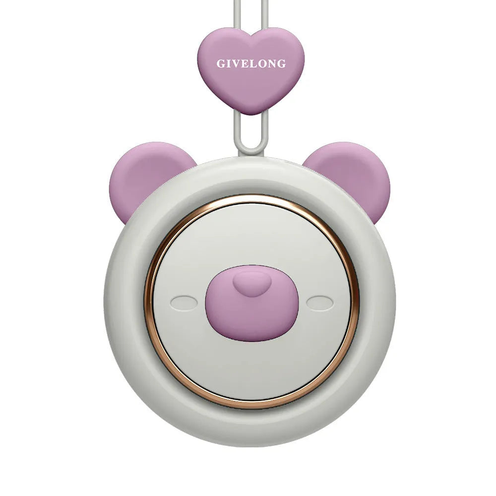 Mini bladeless neck band fan with hanging rope shown in blue, featuring USB charging port and speed button.