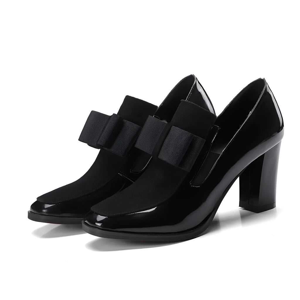 Women's black patent leather high heel shoes with thick 8cm heel and square toe