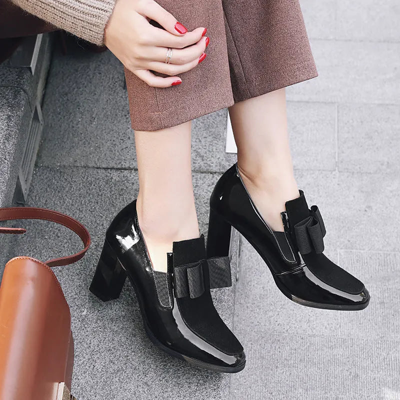 Women's black patent leather high heel shoes with thick 8cm heel and square toe