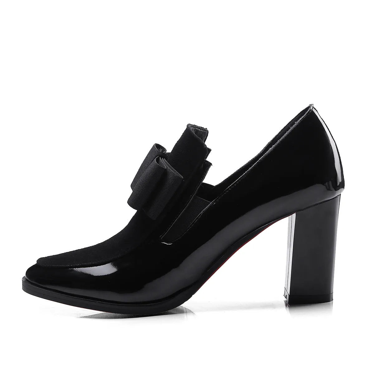 Women's black patent leather high heel shoes with thick 8cm heel and square toe